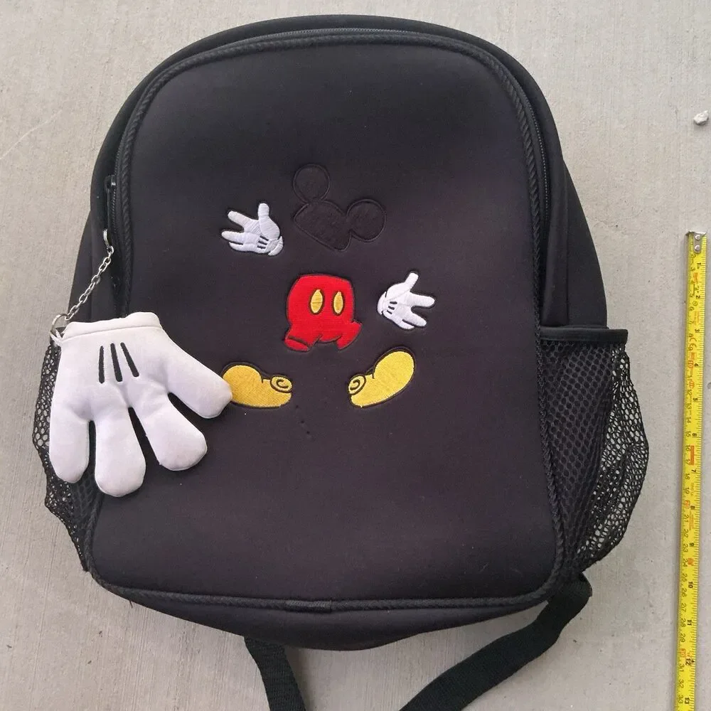 Disney Mickey Mouse Black Backpack Plush Glove Charm Embroidered Kids 14”